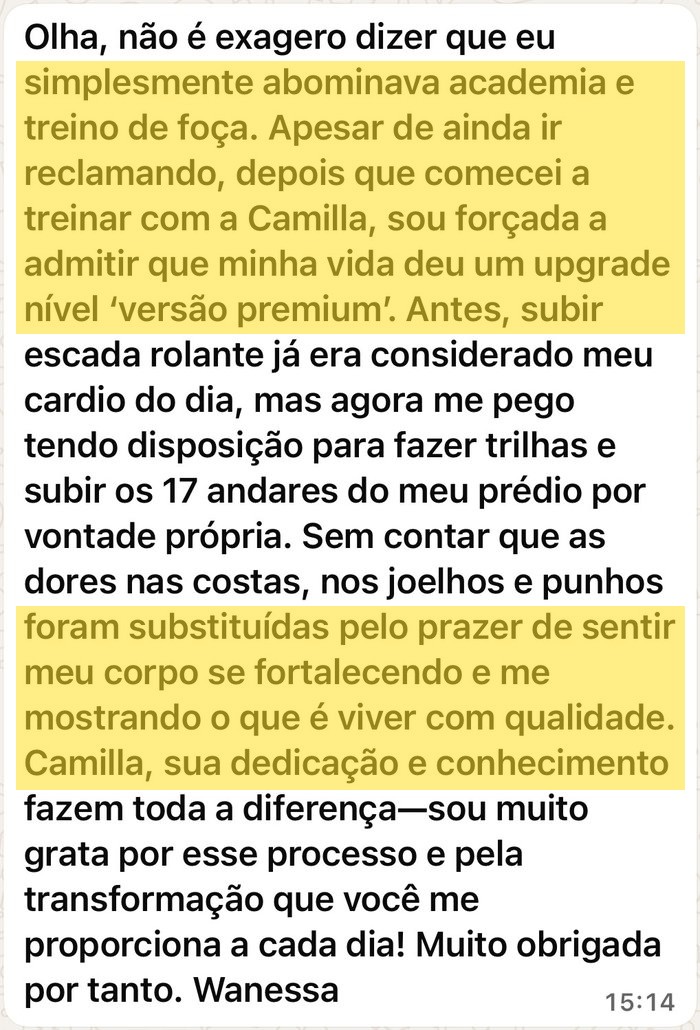 Print de depoimento de Wanessa sobre o método Destrava, enviado pelo WhatsApp